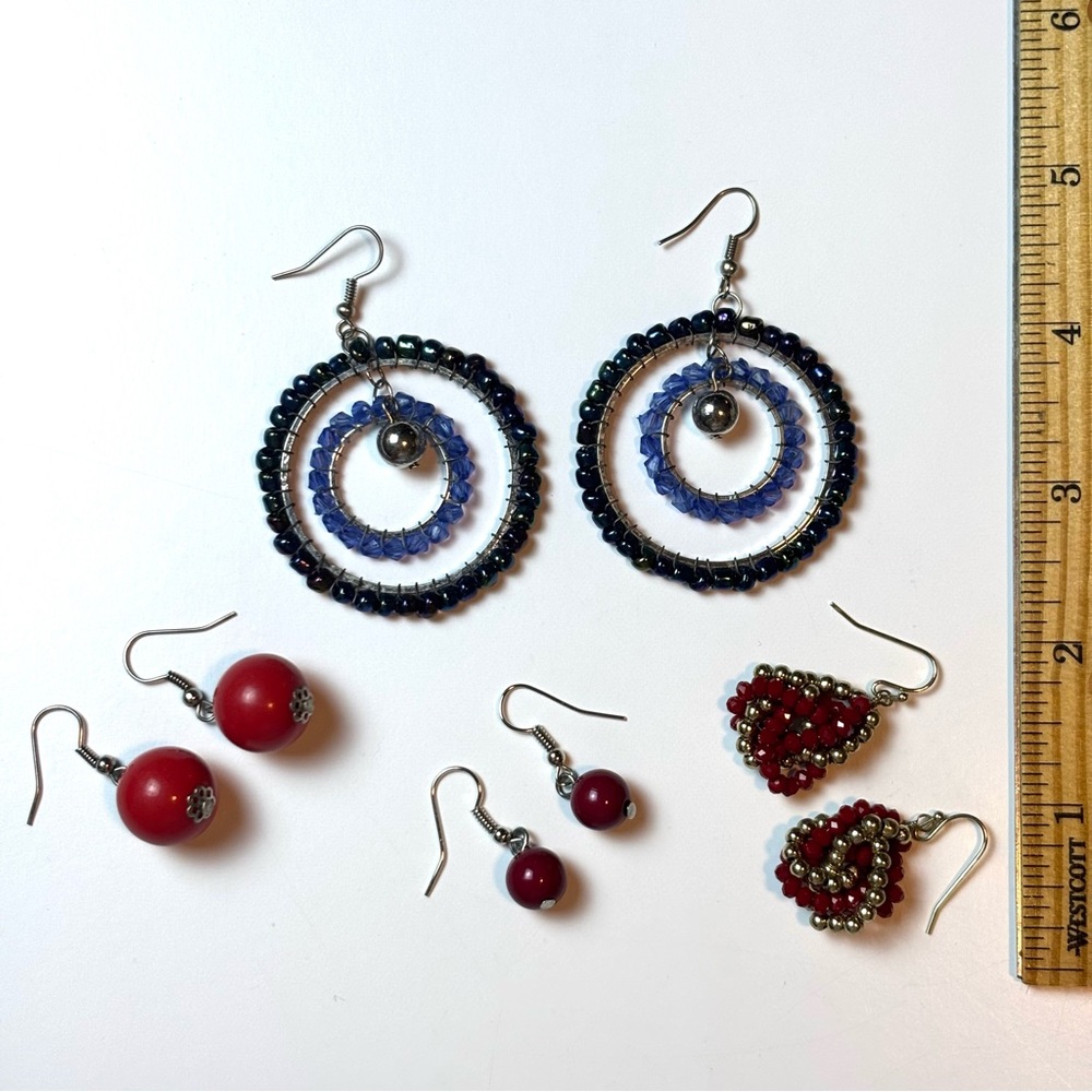 Beaded Dangle Earrings Lot, (4) Pairs of Red and Blue Earrings, Resale Craft Lot